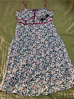 Lulu's Navy Floral Slip Dress with Burgundy Trim